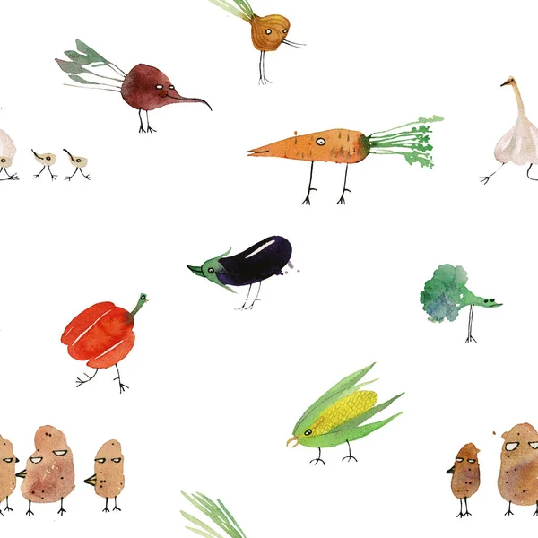 Bezešvé Vzor Ilustrace Legrační Zeleniny Ptáků Izolovaných Bílém Pozadí — Stock fotografie