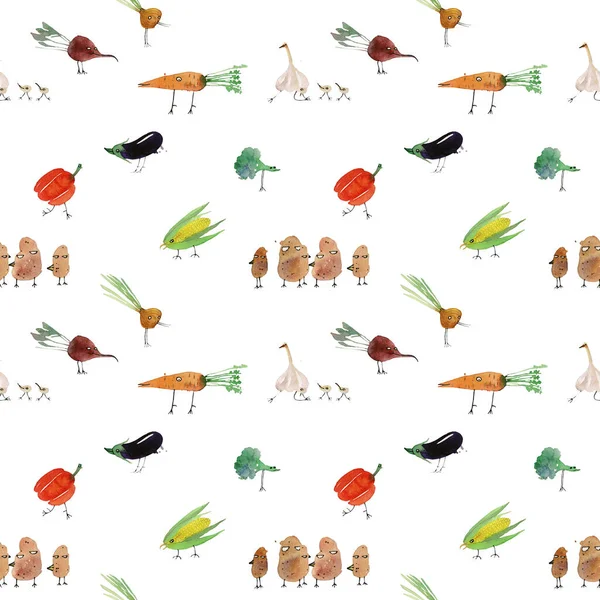 Ilustración Patrón Sin Costuras Con Divertidas Aves Vegetales Aisladas Sobre — Foto de Stock