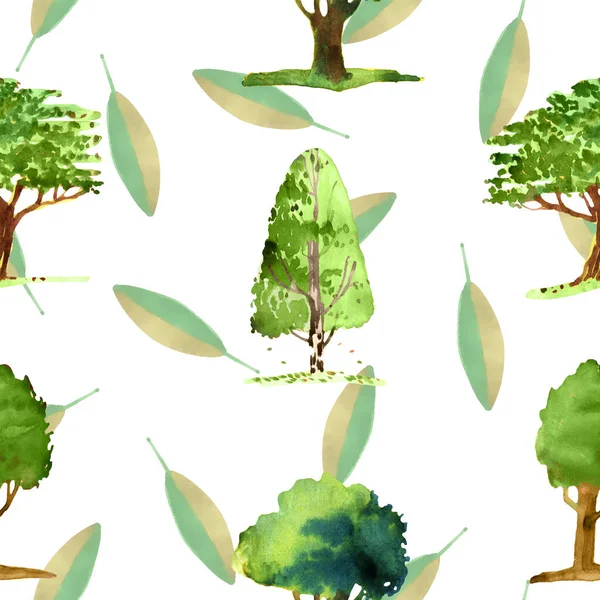 Бесшовный Рисунок Иллюстрации Летними Деревьями Белом Фоне Листьями — стоковое фото