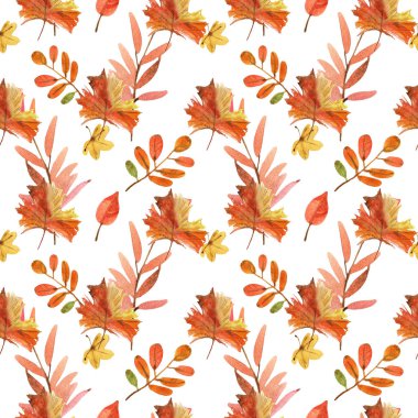 Beyaz zemin üzerinde sonbahar yaprakları ve brunch 'ları ile kusursuz desen çizimi