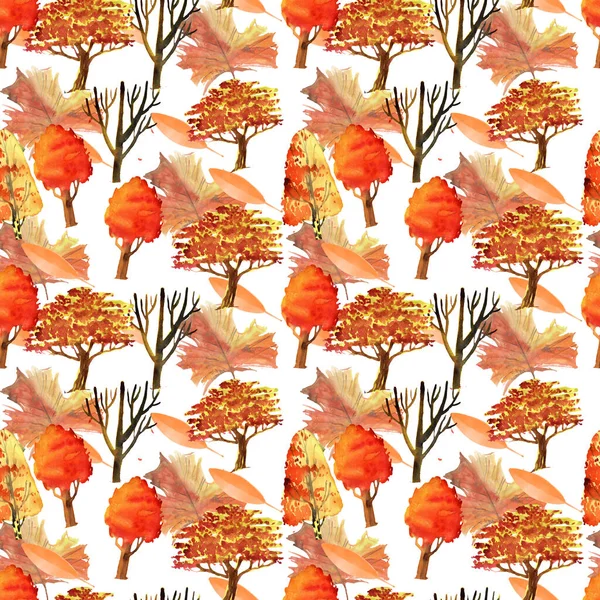Beyaz zemin üzerinde sonbahar yaprakları, dallar ve ağaçlarla kusursuz desen çizimi