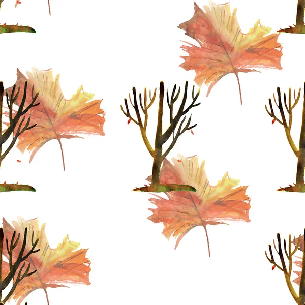 Bezešvé Vzor Ilustrace Podzimními Listy Větvemi Stromy Izolované Bílém Pozadí — Stock fotografie
