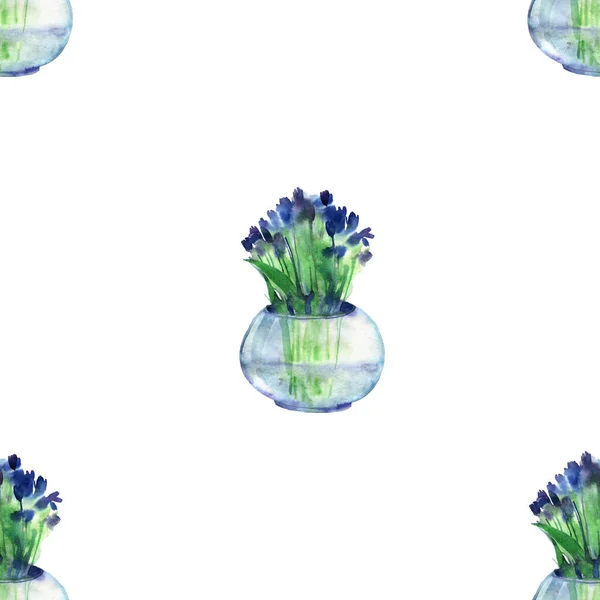 Beyaz Arkaplanda Izole Edilmiş Vazolarda Mor Çiçeklerle Suluboya Desenleri Çizimi — Stok fotoğraf