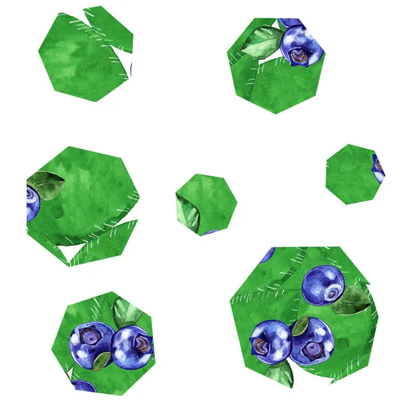 Sømløs Illustrasjon Med Sommerblader Blåbær Heptagoner Isolert Hvit Bakgrunn – stockfoto