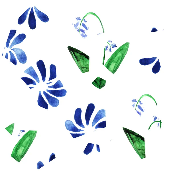 Beyaz Arkaplanda Izole Edilmiş Mavi Çiçeklerin Çatlaklarıyla Pürüzsüz Desen — Stok fotoğraf