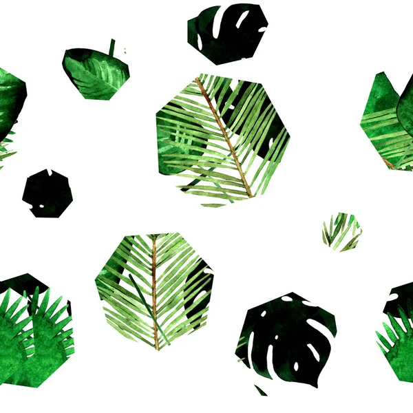 Bezešvé Vzor Ilustrace Dlaní Monstera Kapradí Jiné Tropické Listy Šestiúhelníky — Stock fotografie