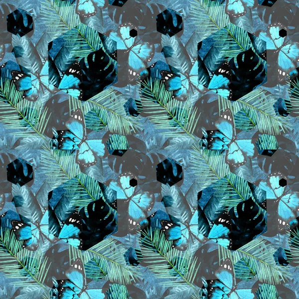 Sömlös Mönster Illustration Med Palm Monstera Ormbunksblad Och Fjärilar Hexagoner — Stockfoto