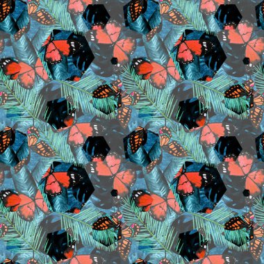 Palmiye, canavar, eğreltiotu yaprakları ve tropik arka planda izole edilmiş altıgen kelebeklerle kusursuz desenli çizimler.