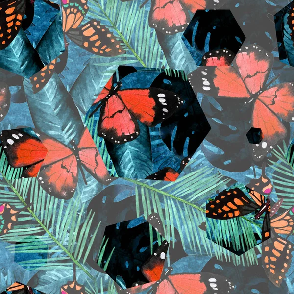 六边形中的无缝图案 以棕榈 蕨叶和蝴蝶为代表 在热带背景下隔离 — 图库照片