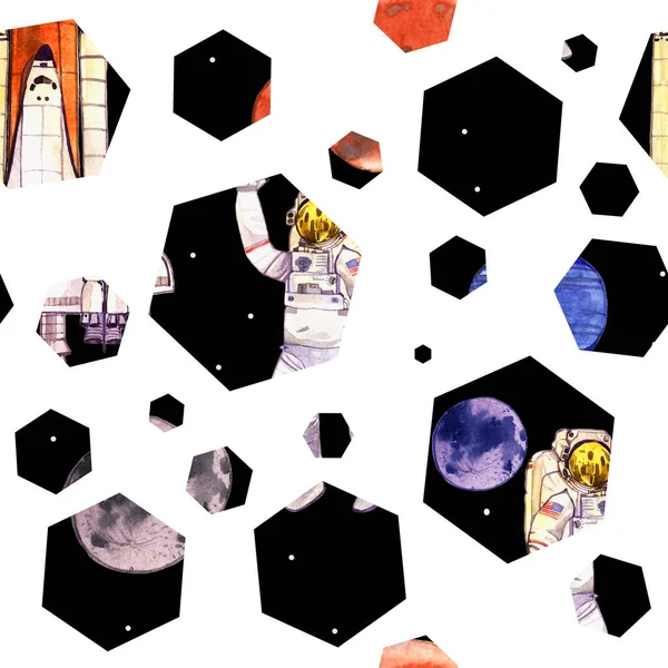 Bezešvé Vzor Ilustrace Austonaut Prostor Planeta Kosmická Loď Hvězdy Šestiúhelníky — Stock fotografie