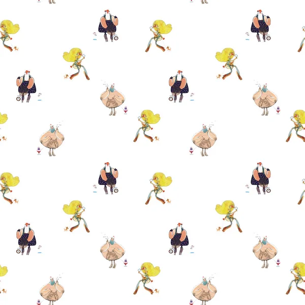 Seamless pattern illustration with funny freaks with pets isolated on white background