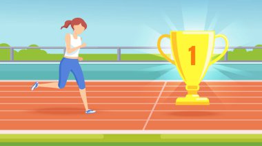 Stadyumda bir kadın Kupası için çalışır. Kupası parlıyor. Büyük ödül. Amaca ulaşmak. Açık stadyum.