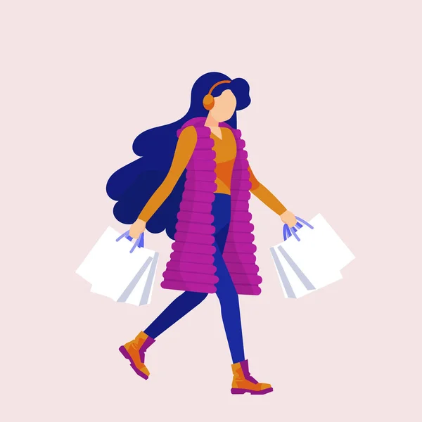Bir Kadın Alışverişe Gider Vektör Düz Grafik Alışveriş Torbaları Alışveriş — Stok Vektör