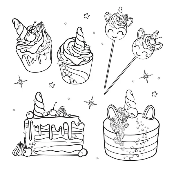 Sweet Cake Decorated Sweetness Dessert Sweet Magical Set Unicorn Sweets — Stock Vector