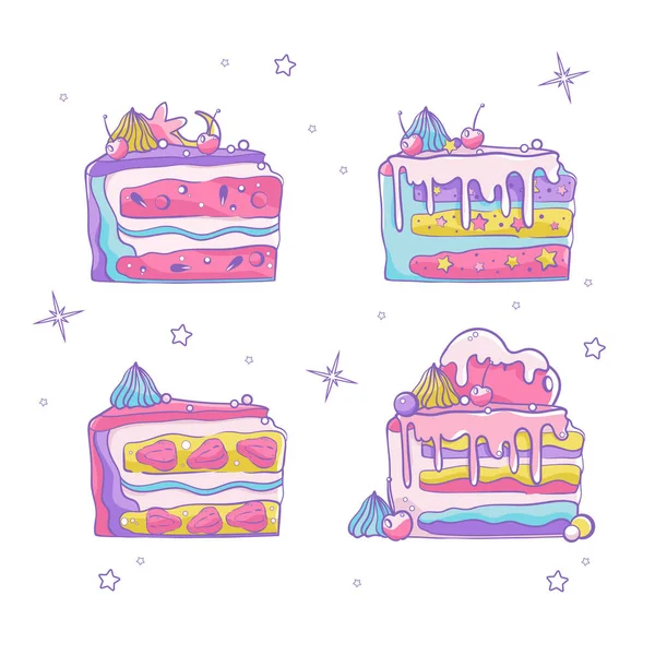 Conjunto Vetor Doodle Doces Coloridos Magicamente Cupcakes Bolos Bonitos — Vetor de Stock