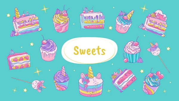 Conjunto Vectores Doodle Dulces Coloridos Bonitos Cupcakes Pasteles Dulces Mágicamente — Archivo Imágenes Vectoriales