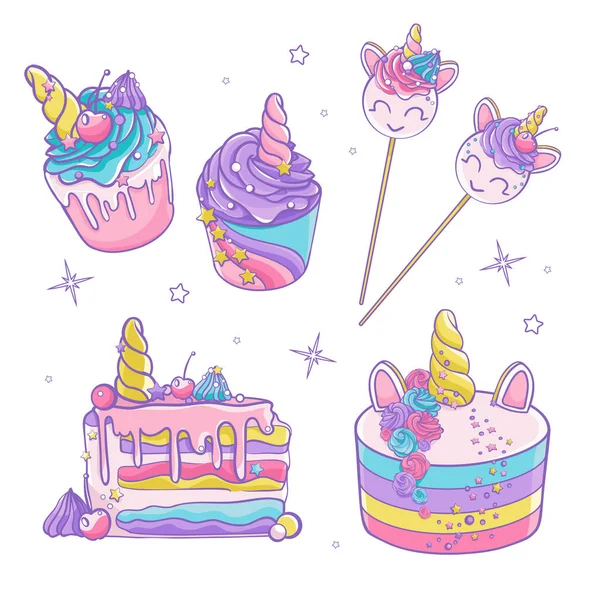 Vektör Set Doodle Renkli Tatlılar Sevimli Kekler Pastalar Sihirli Unicorn — Stok Vektör