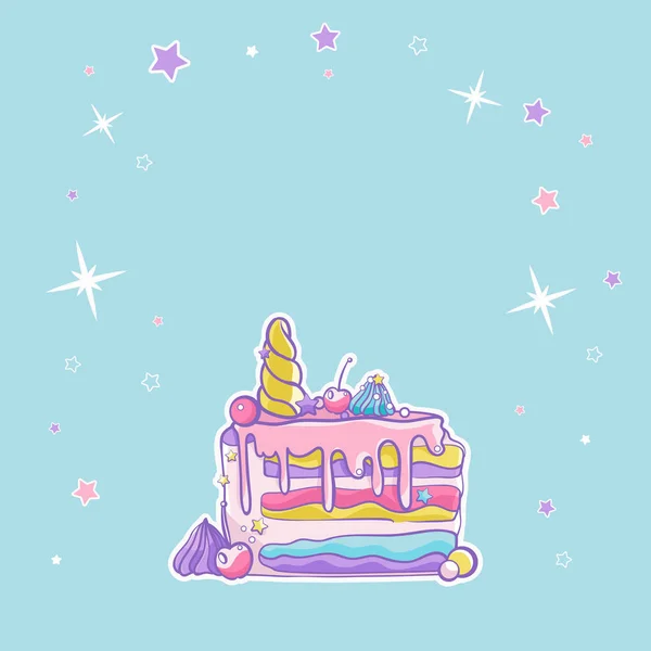Κάρτα Διακοπών Doodle Γλυκά Χαριτωμένο Κέικ Μαγικά Μονόκερος Γλυκά — Διανυσματικό Αρχείο