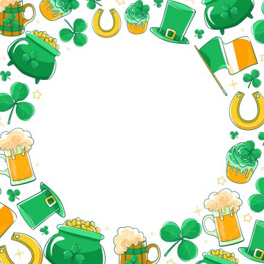 Vektör Saint Patricks günü ayarlayın. Yeşil ipek şapka, bayrak İrlanda, pot altın sikke, shamrocks, at nalı ve bira stein. 