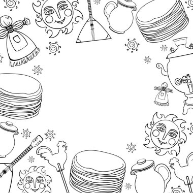 Maslenitsa satır kümesi - Slav tatil karnaval. Krep doldurma, kil sürahi, Slav güneş, Balalayka, şeker horoz ve kırmızı semaver. 