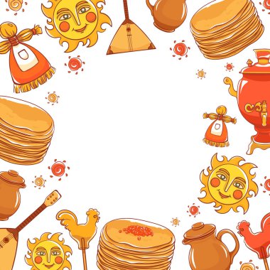 Maslenitsa set - Slav tatil karnaval. Krep doldurma, kil sürahi, Slav güneş, Balalayka, şeker horoz ve kırmızı semaver. 