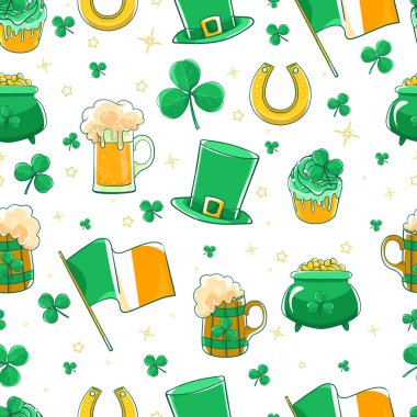 Vektör desen Saint Patricks Day. İpek şapka yeşil, İrlanda, pot altın sikke, shamrocks, cupcake dekorasyon yonca, at nalı ve bira stein bayrak. 