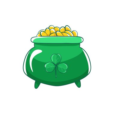 Saint Patricks Day. Altın sikke ve yoncaları yeşil pot.