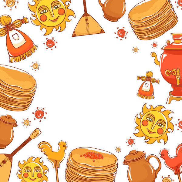 Масленица - славянский праздничный карнавал. Блинчики с начинкой, глиняный кувшин, славянское солнце, балалайка, петушок с конфетами и красный самовар
. 