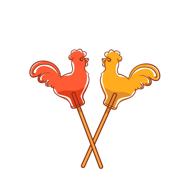 Candy Cockerel. Two lollipop on a stick