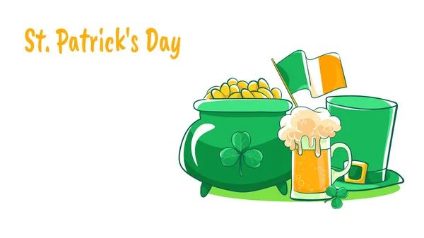 stock vector Vector card Saint Patricks Day. Green silk hat, flag Ireland, pot of gold coins, shamrocks and beer stein. 