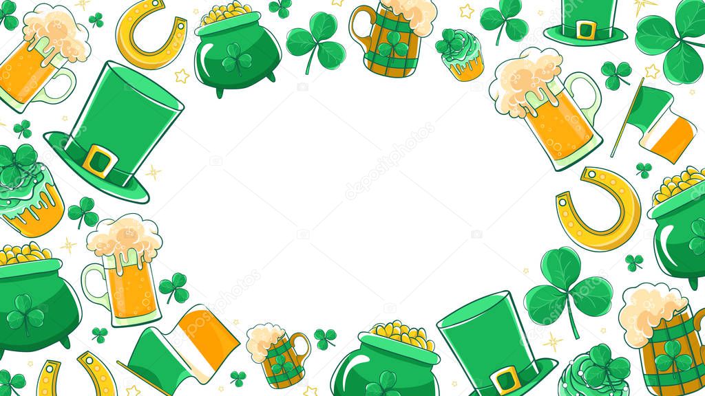Vector set Saint Patricks Day. Green silk hat, flag Ireland, pot of gold coins, shamrocks, horseshoe and beer stein. 