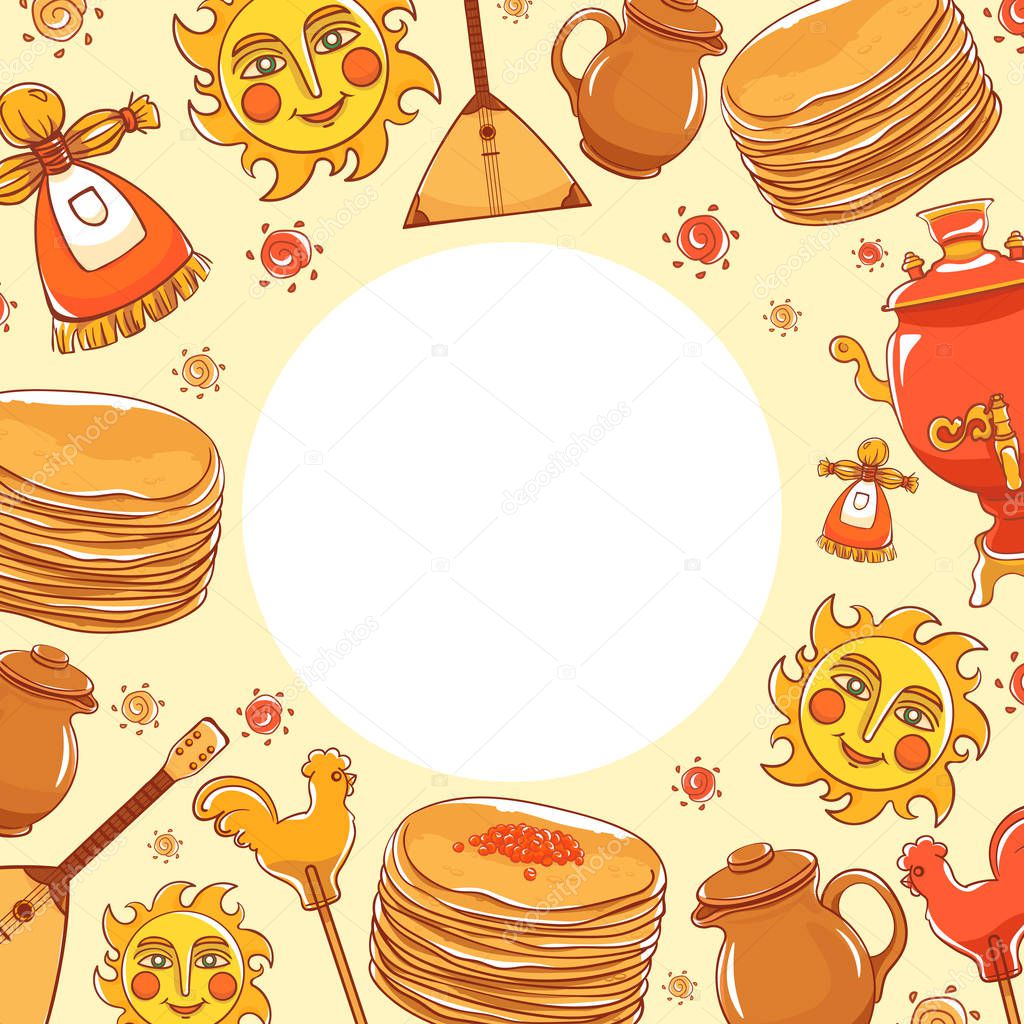 Maslenitsa set - slavic holiday carnival. Pancakes with filling, clay jug, slavic sun, balalaika, candy cockerel and red samovar. 