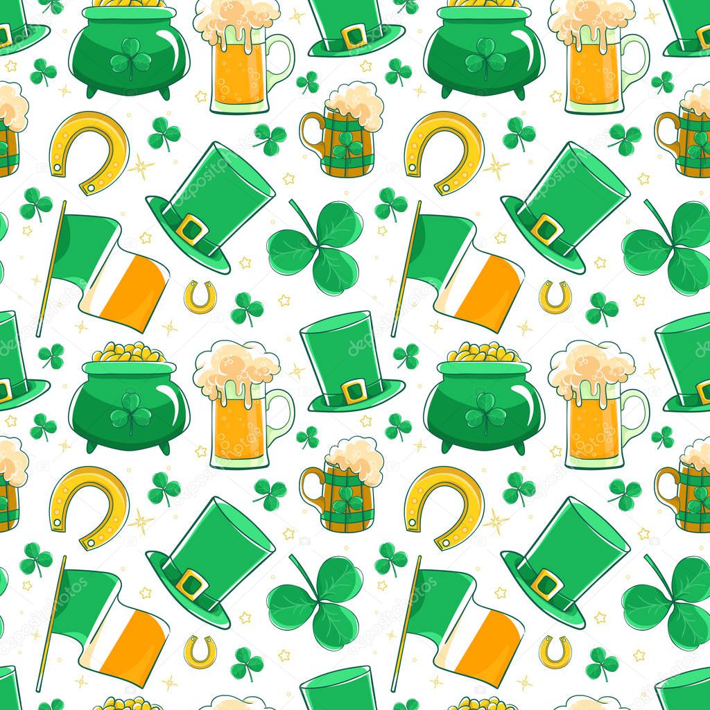 Vector pattern Saint Patricks Day. Green silk hat, flag Ireland, pot of gold coins, shamrocks, cupcake decoration clover, horseshoe and beer stein. 