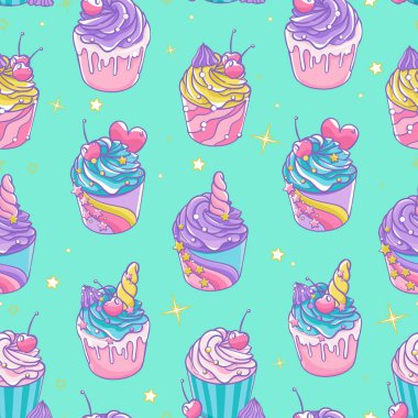 Seamless modeli farklı kekler. Hamur işleri Kalpler, kiraz, yıldız işareti ile dekore edilmiştir. Tatlı vektör set.