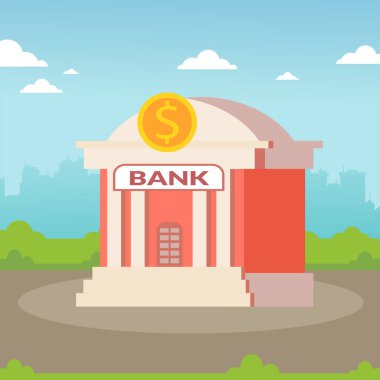 Şehrin arka plan üzerinde büyük bir madeni para ile bina banka. 