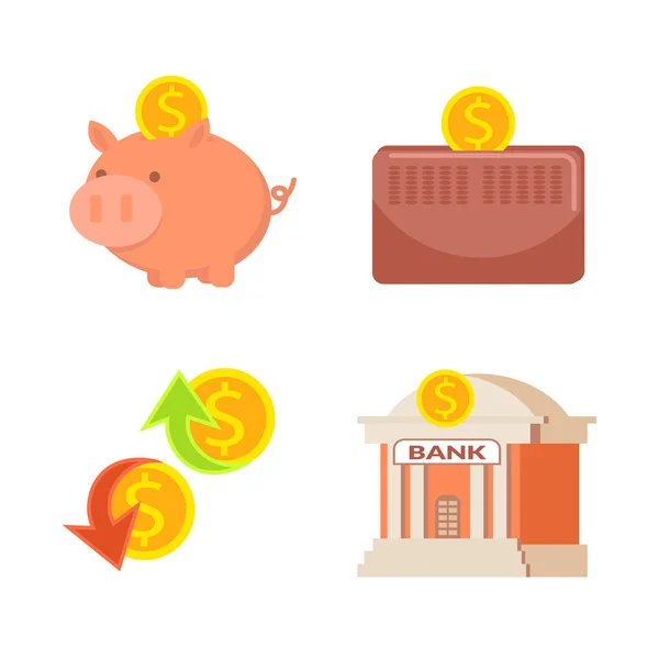 A set of financial savings: piggy bank, bank building, leather wallet, a coin with growth and fall arrows.