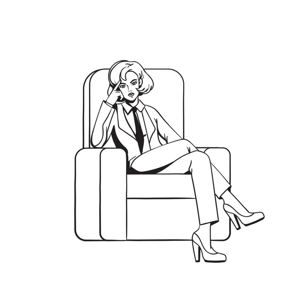 Dziewczyna siedzi ze skrzyżowanymi nogami w fotelu. — Wektor stockowy