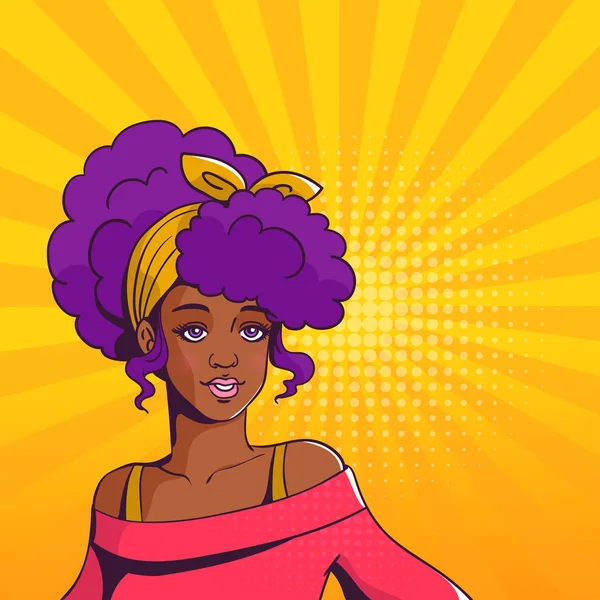 Affiche de pop art. Belle fille à la peau foncée avec afro . — Image vectorielle