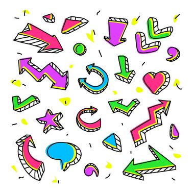 Oklar, işaretler. Grafiti çıkartmalarının renkli retro seti.