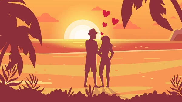 Rendez Vous Romantique Rendez Vous Coucher Soleil Les Amoureux Bord — Image vectorielle