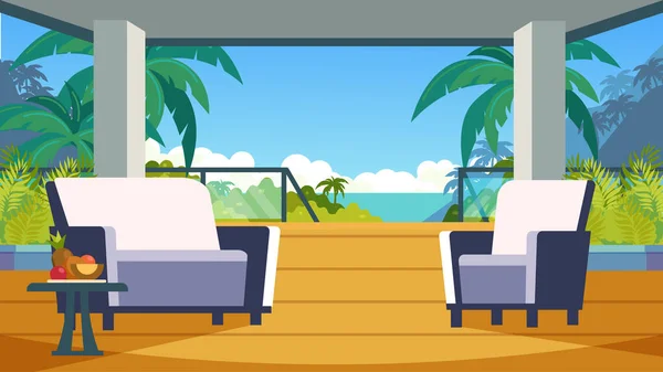 Tropikal Bir Otelde Mobilyalı Veranda Deniz Yolculuğunda Kiralık Konutlar Denize — Stok Vektör