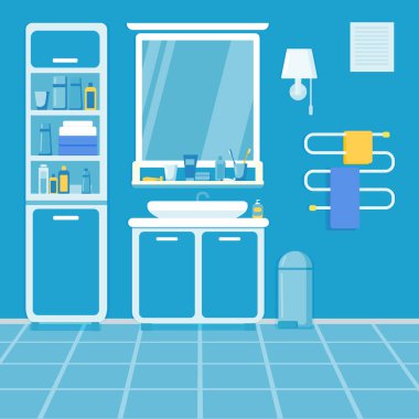 Banyo içi mavi tonlarda. Banyo konforlu temiz banyo..