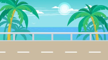 Denize giden yolun vektör sahnesi. Deniz manzaralı. Turist gezisi.. 