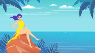Poster. Deniz kenarındaki bir taşın üzerinde bir kadın oturuyor, okyanus. Tropikal manzara.