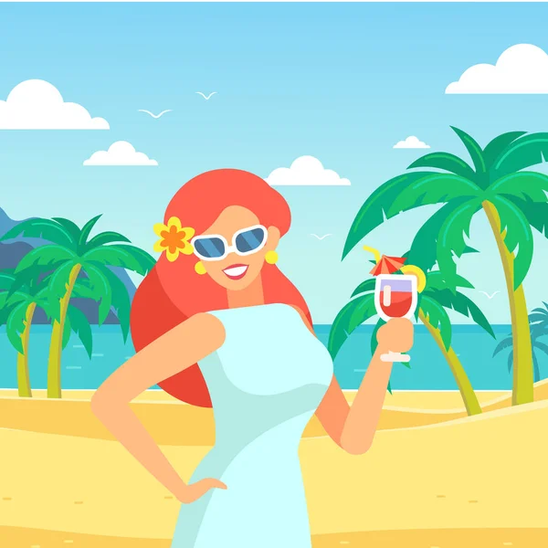 熱帯の風景 カクテルを飲みながら休暇中の女性 — ストックベクタ