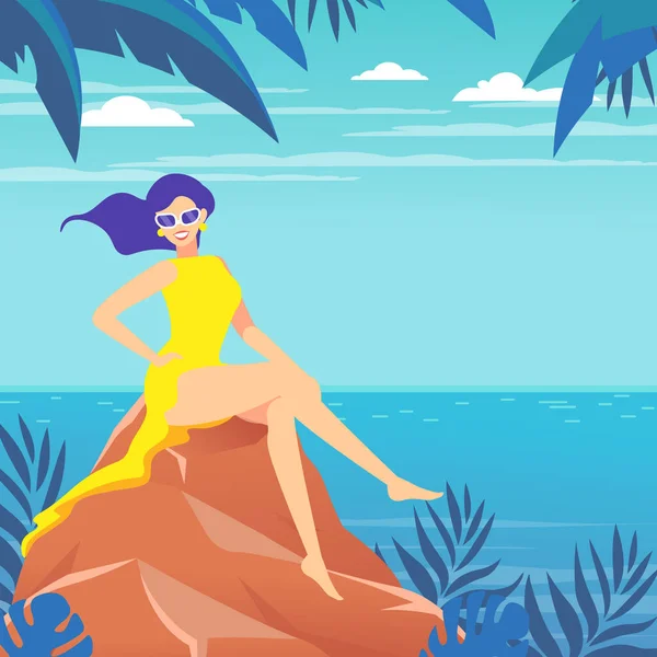 ポスター 海のそばの石の上に女性が座っている 熱帯の風景 — ストックベクタ