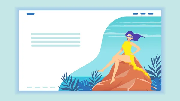 Web Design Uma Mulher Senta Numa Pedra Junto Mar Oceano —  Vetores de Stock