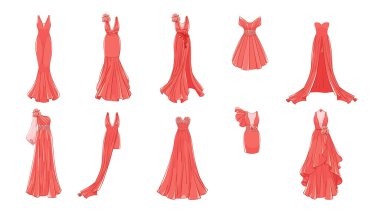 Balo için elbiseler, gala akşamı, düğün, maskeli balo, puanlar. Farklı elbiseler. Modern ve klasik stil.