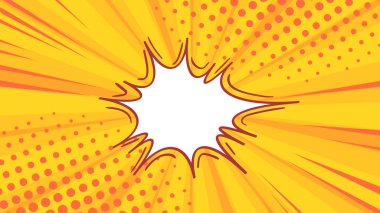 Pop art retro komik konuşma balonu renkli noktalı ve arka plan ışınları. Çizgi roman sayfası, reklam çerçevesi, poster. 