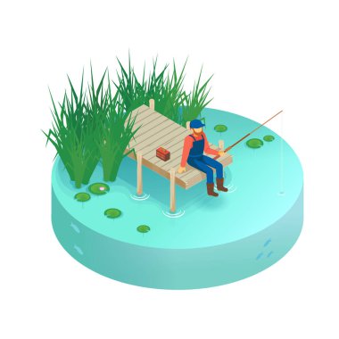 Gölde Isometric vektör tatili. Göl, nehir, göl. Rıhtımda balıkçı balıkçılığı. İskelede elinde oltayla oturan bir adam..